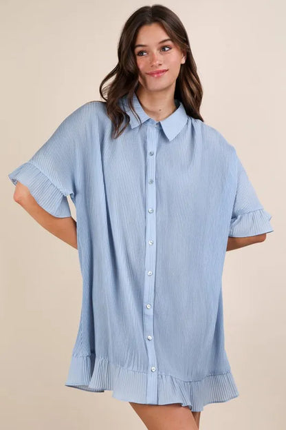 Pleated Detail Button Down Mini Dress - Sky - product view 1