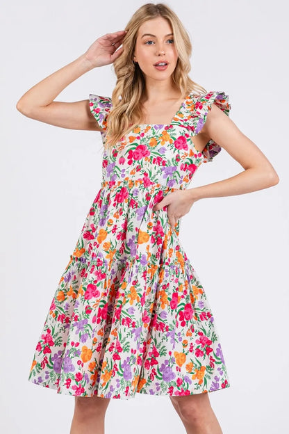 Flower Print Ruffle Shoulder A-line Mini Dress in Ivory Multi - product view 3
