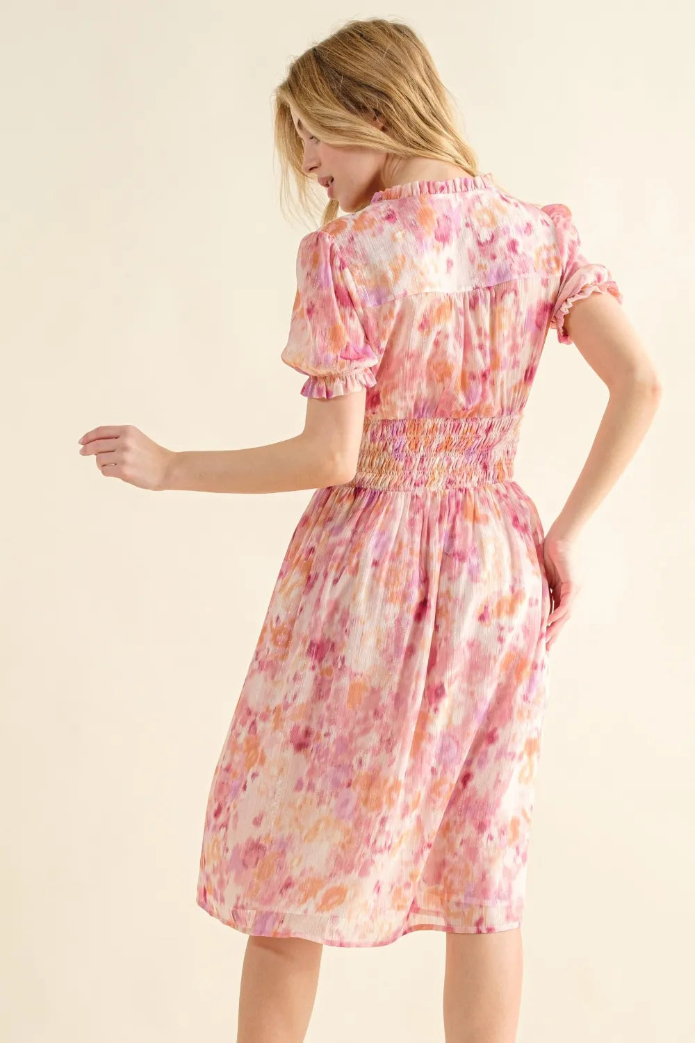 Full Size Smocked Waist Printed Midi Dress in Pink Multi - product view 3