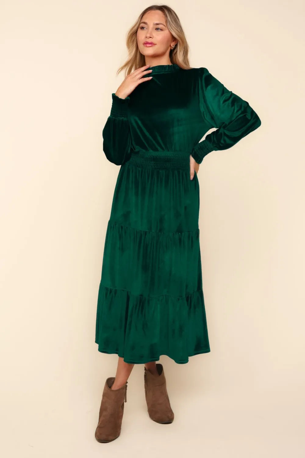 Mock Neck Smocked Waist Velvet Tiered Dress in Hunter Green - product view 2
