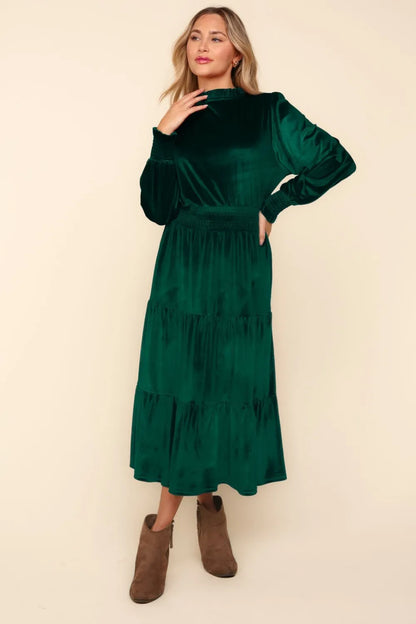 Mock Neck Smocked Waist Velvet Tiered Dress in Hunter Green - product view 2