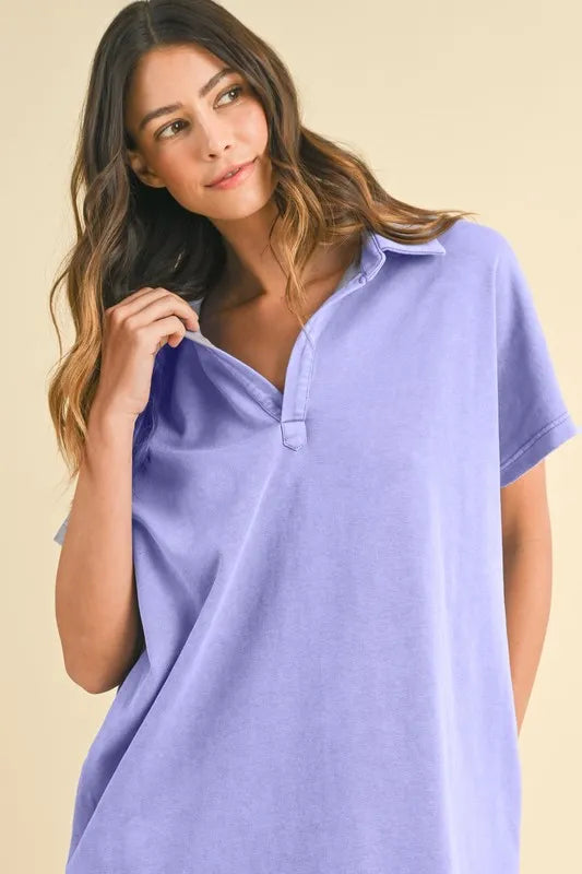Mineral Washed Johnny Collar Short Sleeve Dress - Blue Purple - product view 3