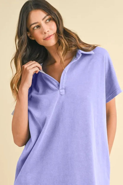 Mineral Washed Johnny Collar Short Sleeve Dress - Blue Purple - product view 3