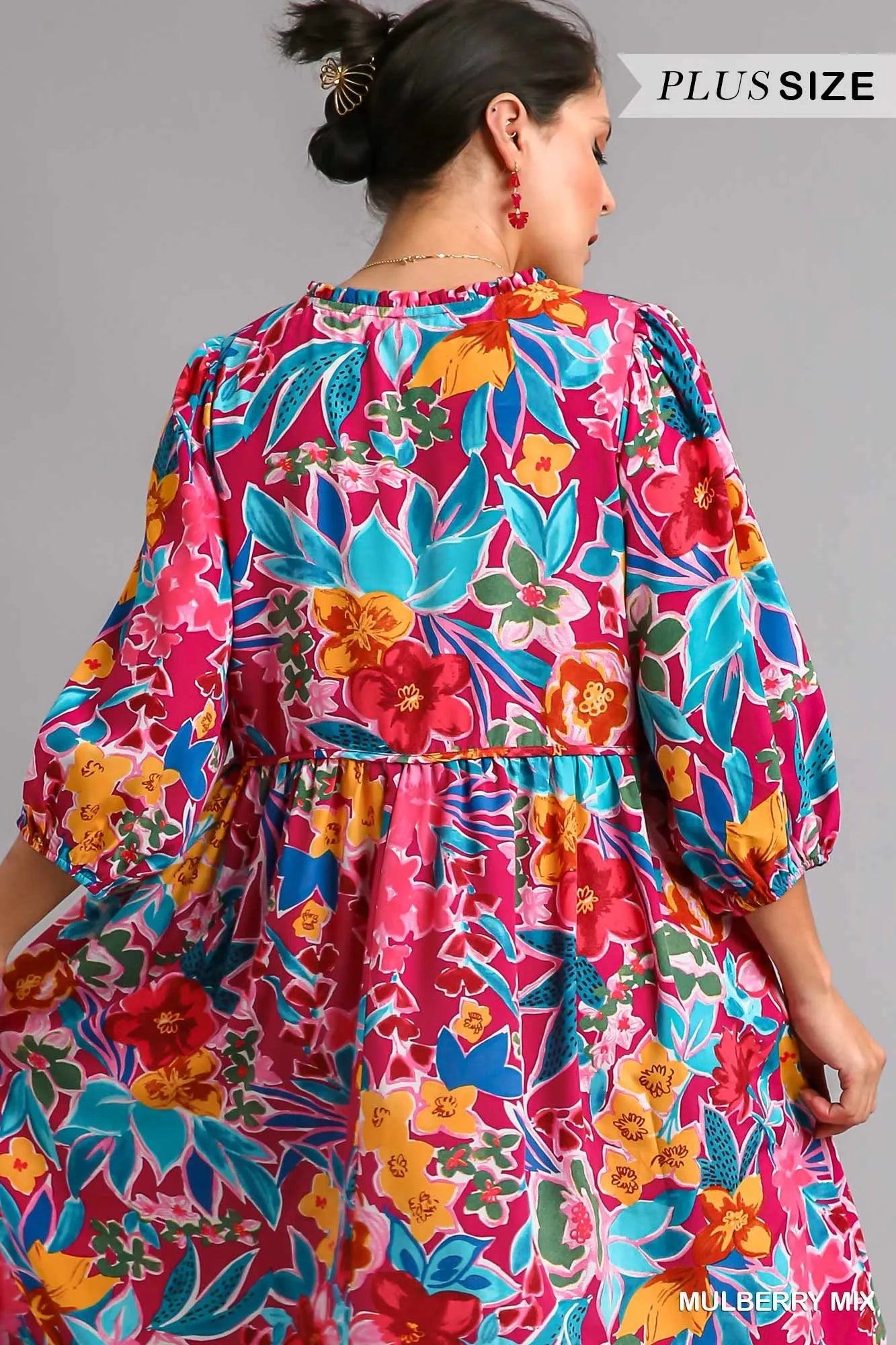 Full Size Floral Print Tie Neck Midi Dress with Pockets Plus Size in Mulberry Mix - product view 9