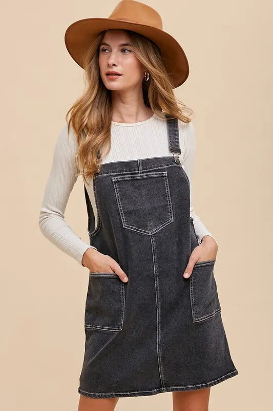 Wide Strap Denim Overall Dress with Pockets - Black - product view 1