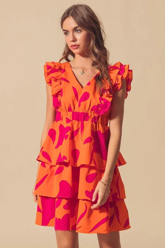 Floral V Neck Layered Dress with Elasticized Waist in Orange/Fuchsia - product view 2