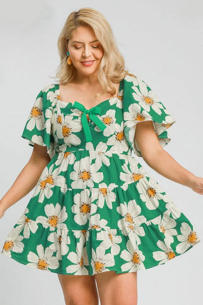 Full Size Daisy Print Mini Dress with Ribbon Details Plus Size in Green - product view 4