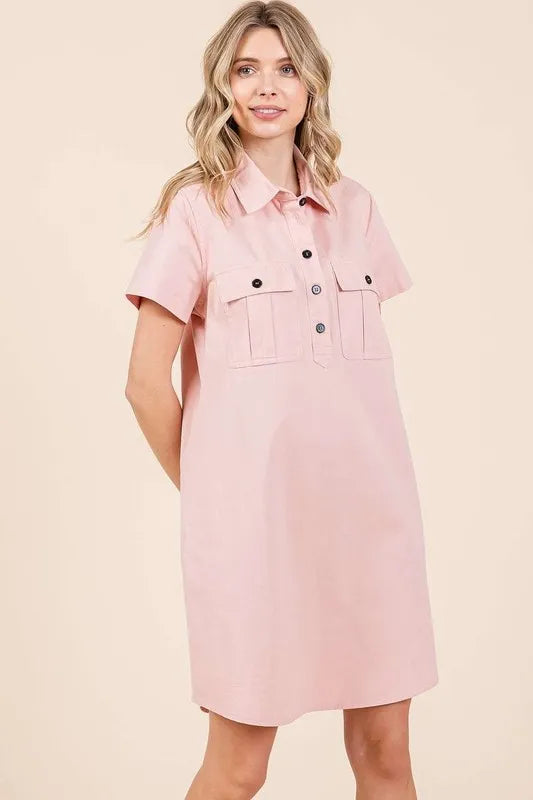 Button Detail Collared Neck Short Sleeve Shirt Dress - Baby Pink - product view 4
