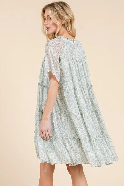 Ditsy Floral Print Sheer Ruffle Detail Mini Dress in Ivory Combo - product view 3