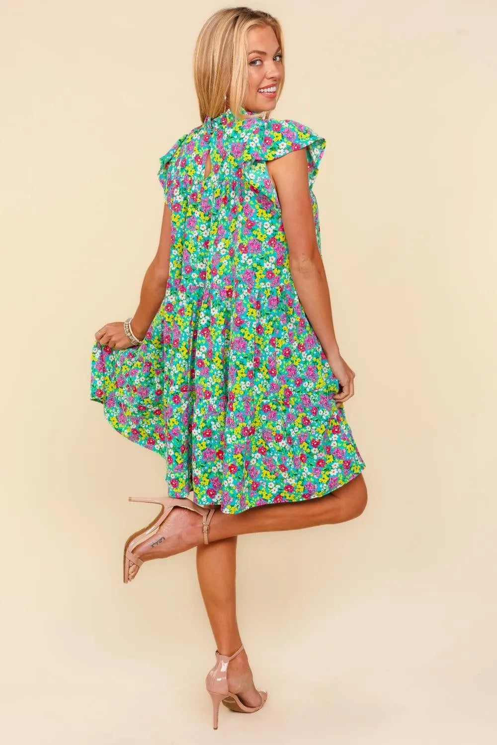 Frilled Mock Neck Ditsy Floral Dress in Aqua - product view 2
