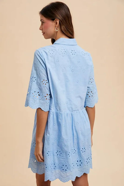 Embroidered Scallop Edge Detail Mini Shirt Dress - Sky - product view 4