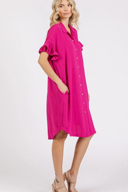 Button Down Flounce Sleeve Dress with Pockets - Fuchsia Pink - product view 4