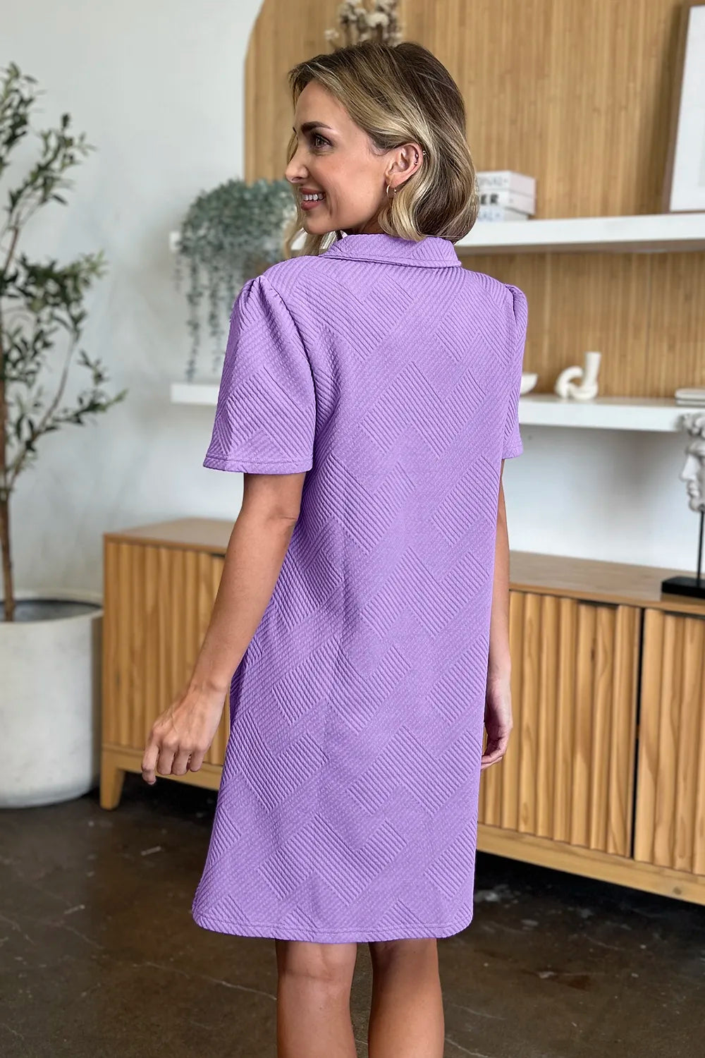 Full Size Texture Collared Neck Short Sleeve Dress in White, Lavender and more - product view 8