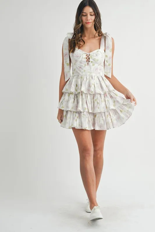 Floral Print Shoulder Tie Layered Mini Dress - Off White - product view 9