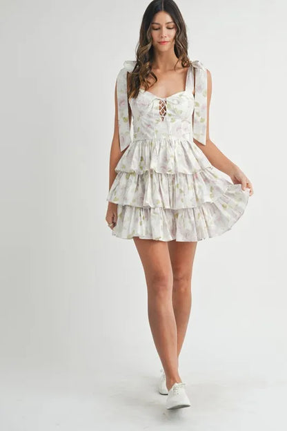 Floral Print Shoulder Tie Layered Mini Dress - Off White - product view 9