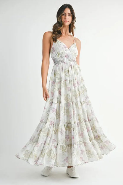 Floral Print Tiered Cami Maxi Dress - Green - product view 1