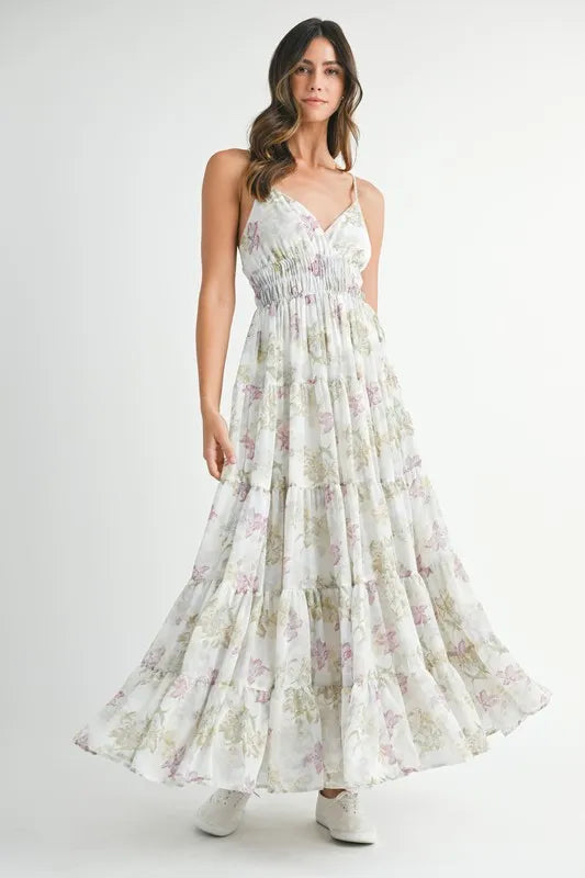Floral Print Tiered Cami Maxi Dress - Green - product view 1