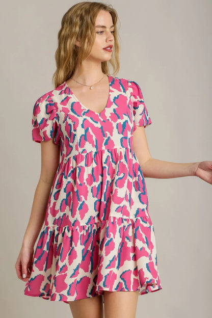 Full Size Abstract Print Pleat Detail Short Sleeve V-Neck Tiered Dress Plus Size in Creammix - product view 1