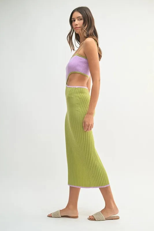 Ribbed Knit Color Block Cutout Midi Dress - Lime - product view 8
