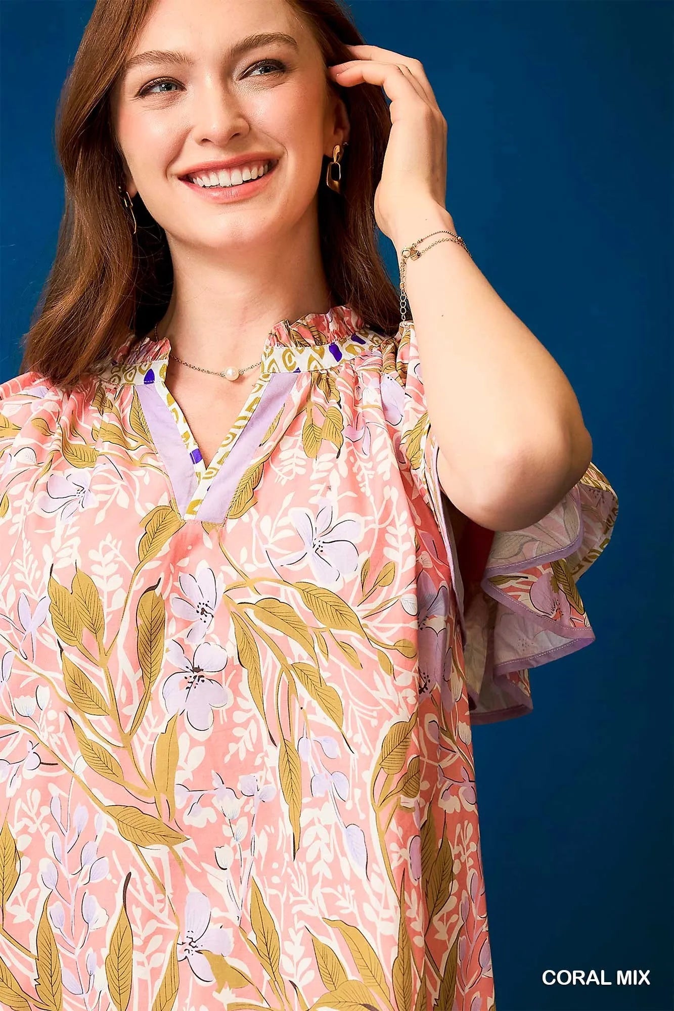 Floral Ruffle-Sleeve Tunic Dress in Coral Mix - product view 4