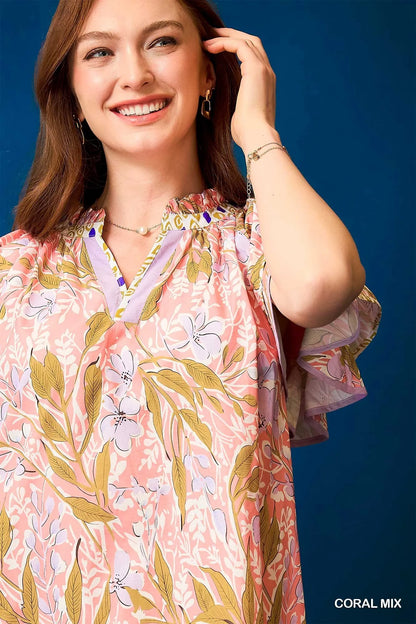 Floral Ruffle-Sleeve Tunic Dress in Coral Mix - product view 4