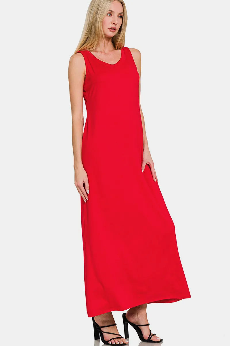 Scoop Neck Wide Strap Tank Dress - Red - product view 1