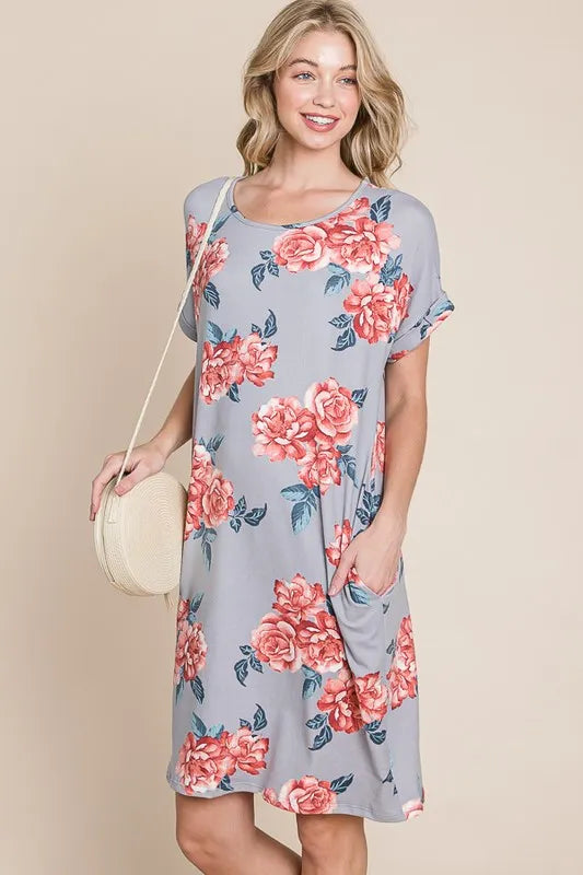 Floral Round Neck Short Tee Dress with Pockets - Grey - product view 2
