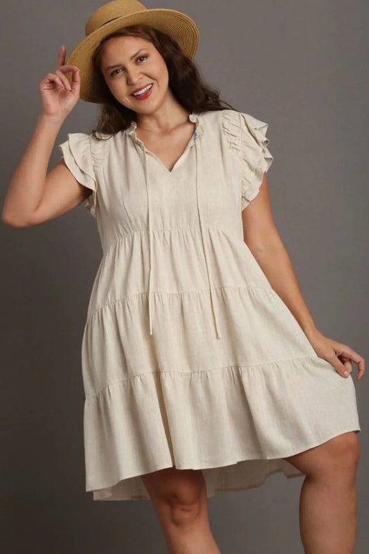 Full Size Linen A-line Tiered Mini Dress Plus Size in Oatmeal - product view 2