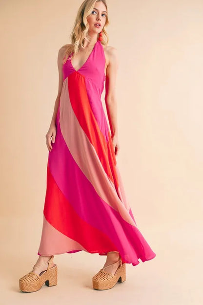 Color Block Sleeveless Maxi Dress in Pink Combo - product view 11