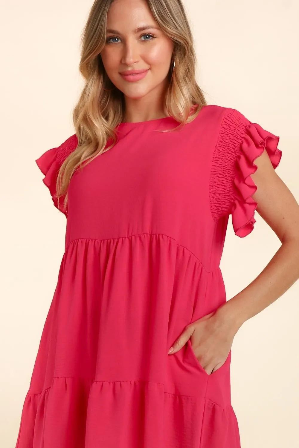 Full Size Smocking Ruffle Short Sleeve Dress with Pockets in Fuchsia - product view 3