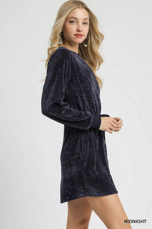 Velour Drawstring Mini Dress with Long Sleeves - Midnight - product view 2