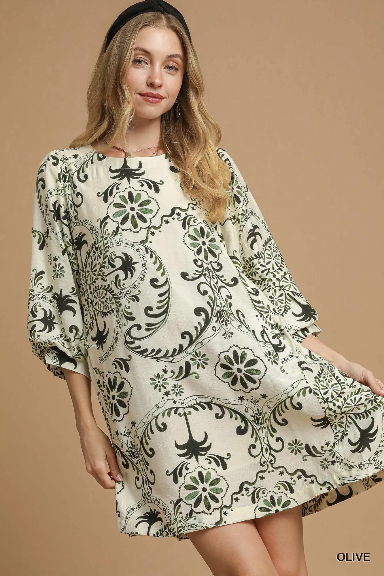 Boho Printed Balloon Sleeve Mini Dress - Olive - product view 1