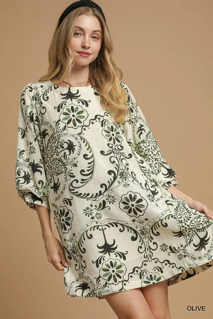 Boho Printed Balloon Sleeve Mini Dress - Olive - product view 1