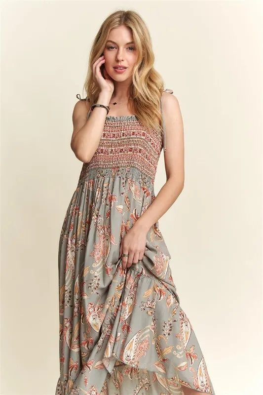 Smocked Printed Square Neck Tie Shoulder Cami Dress - Sage - product view 4