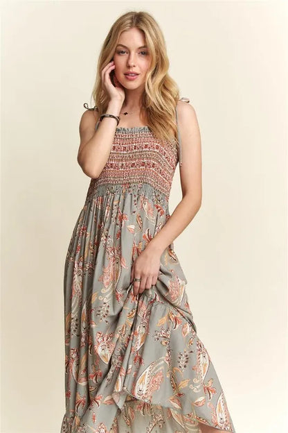 Smocked Printed Square Neck Tie Shoulder Cami Dress - Sage - product view 4