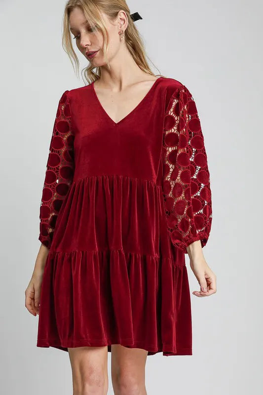 Dotted Lace Sleeve Tiered Velvet Mini Dress - Burgundy - product view 1