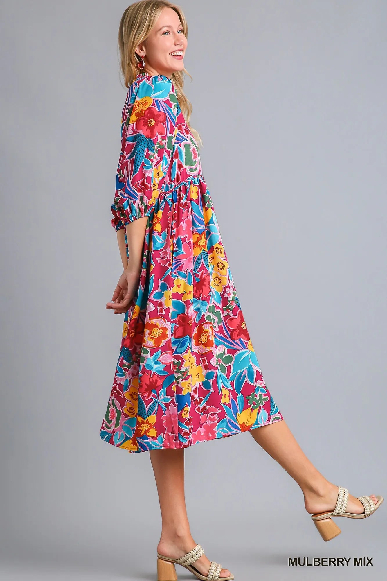 Full Size Floral Print Tie Neck Midi Dress with Pockets Plus Size in Mulberry Mix - product view 3