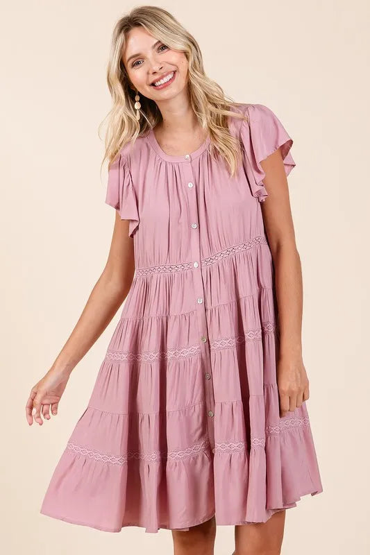 Lace Detail Ruffled Button Down Tiered Dress - Dusty Pink - product view 2