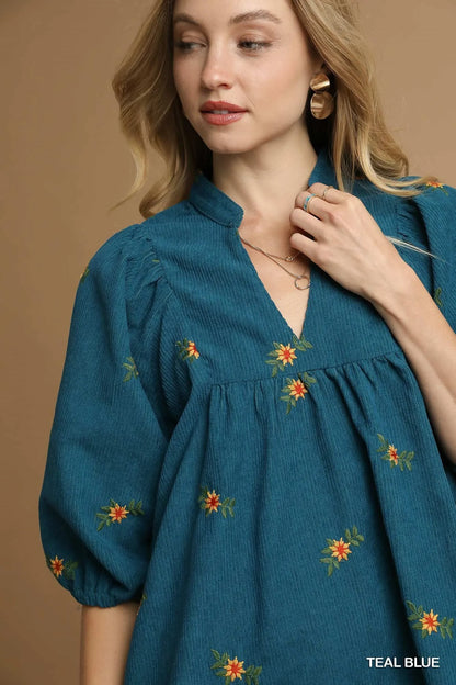 Corduroy Babydoll Dress with Floral Embroidery - Teal Blue - product view 6