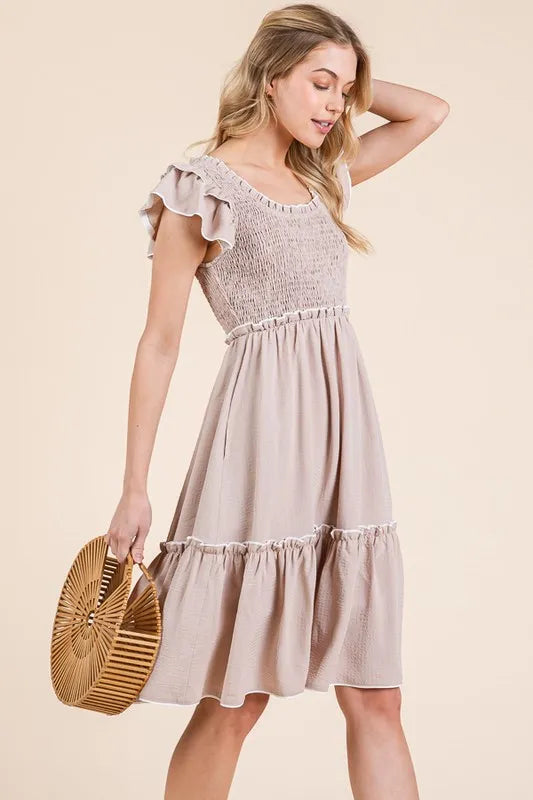 Ruffle Trim Smocked Dress with Contrast in Taupe - product view 6