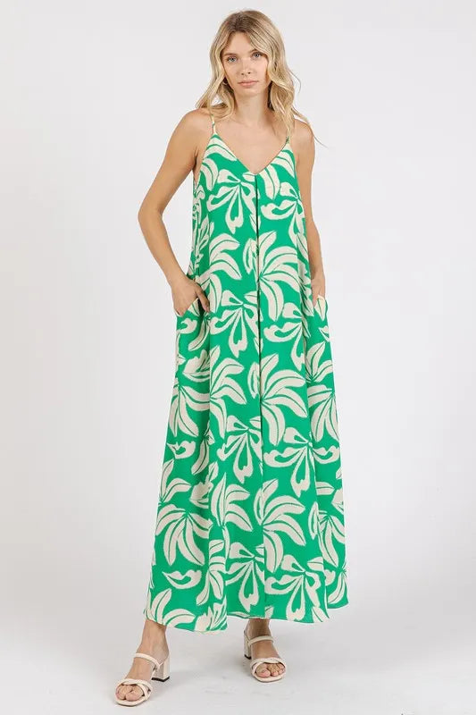 Printed V-Neck Maxi Cami Dress with Pockets - Kelly Green - product view 3