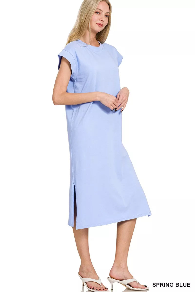 Round Neck Side Slit Midi Dress - Cornflower Blue - product view 3