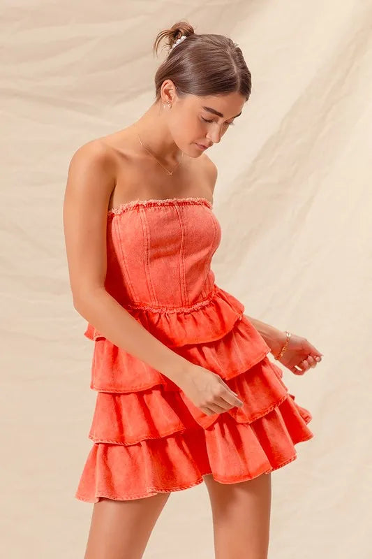 Strapless Ruffle Layered Game Day Cheer Up Dress - Orange - product view 4