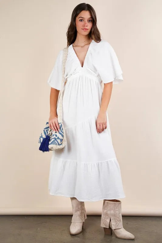 Mineral Washed Elastic Neck Detail Midi Dress in White - product view 1