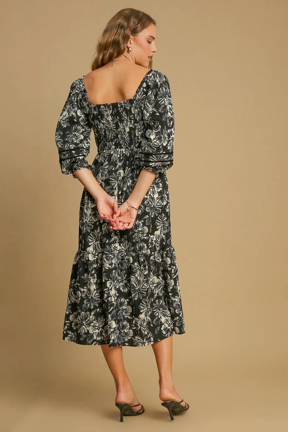 Ruffle Hem Flower Printed V-Neck Dress - Black - product view 2