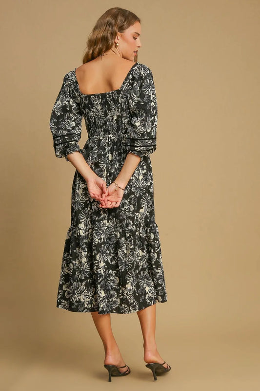 Ruffle Hem Flower Printed V-Neck Dress - Black - product view 2