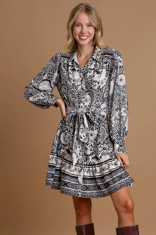 Full Size Two Tone Floral Border Print Tie Waist Mini Dress Plus Size in Black - product view 1