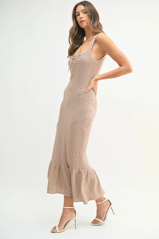Ruffled Hem Sleeveless Crochet Knit Midi Dress in Mocha - product view 5