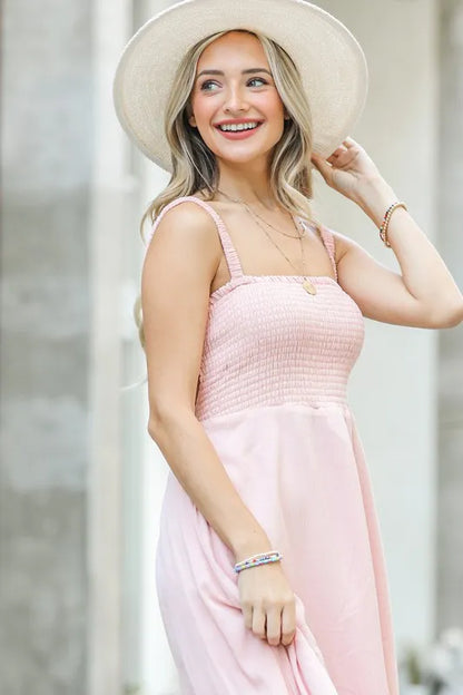 Smocking Open-Back Sleeveless Midi Dress in Pale Pink - product view 5