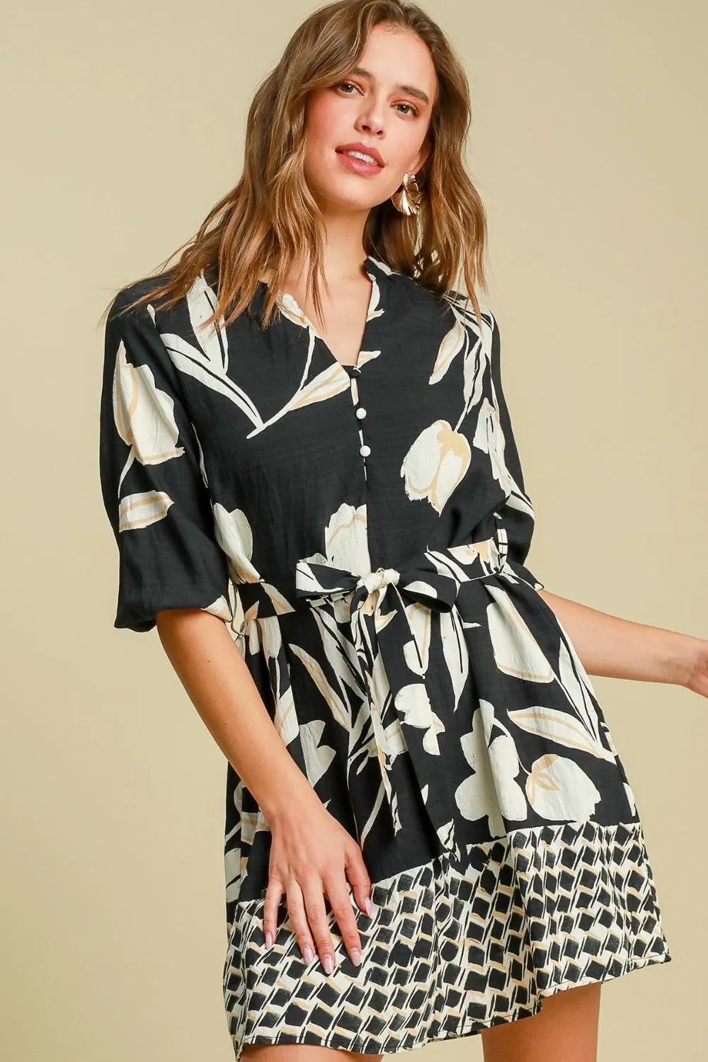 Full Size Floral Print Notched Tie Waist Mini Dress Plus Size in Black - product view 1